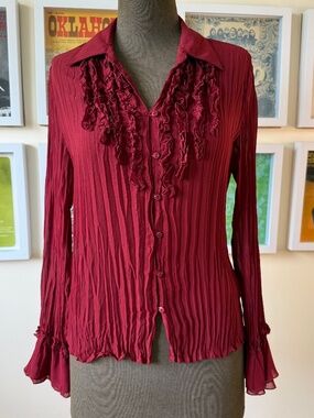 Vintage Y2K Burgundy Crinkle Ruffle Blouse | Sheer Romantic Button-Up | Coquette